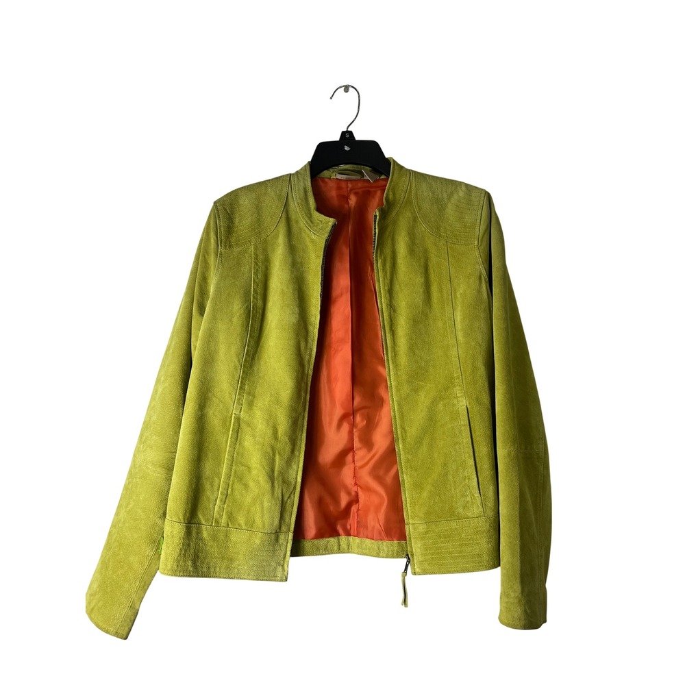 Ruff Hewn Womens Chartreuse Green Suede Moto Bomber Jacket Orange Lining Size S